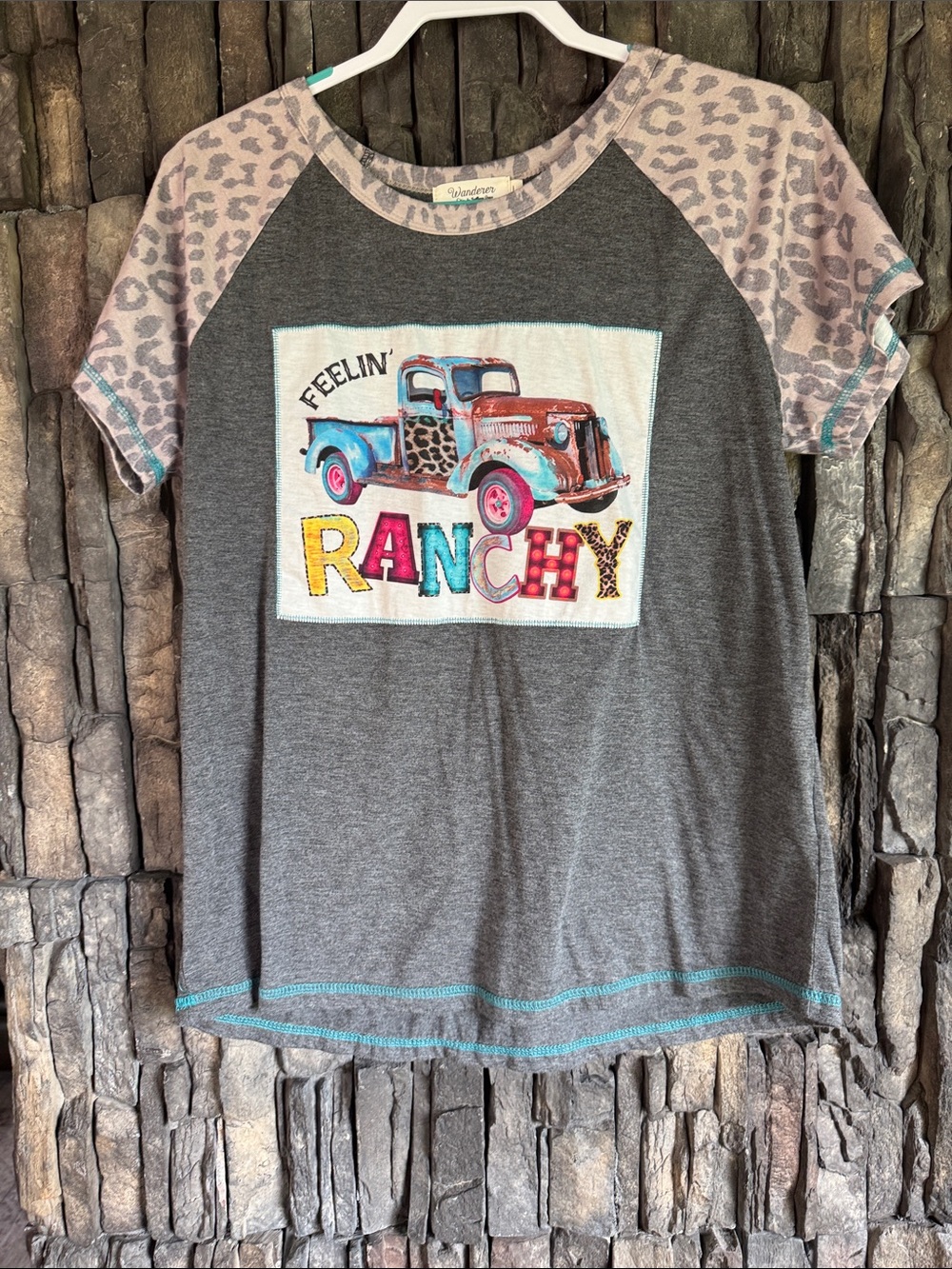 Feelin' Ranchy Gray Tee with Pink Leopard Raglan Sleeves